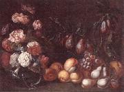 unknow artist Still life of Roses and convulvuli in a Glass vase,Together with peaches,grapes,pears and plums oil